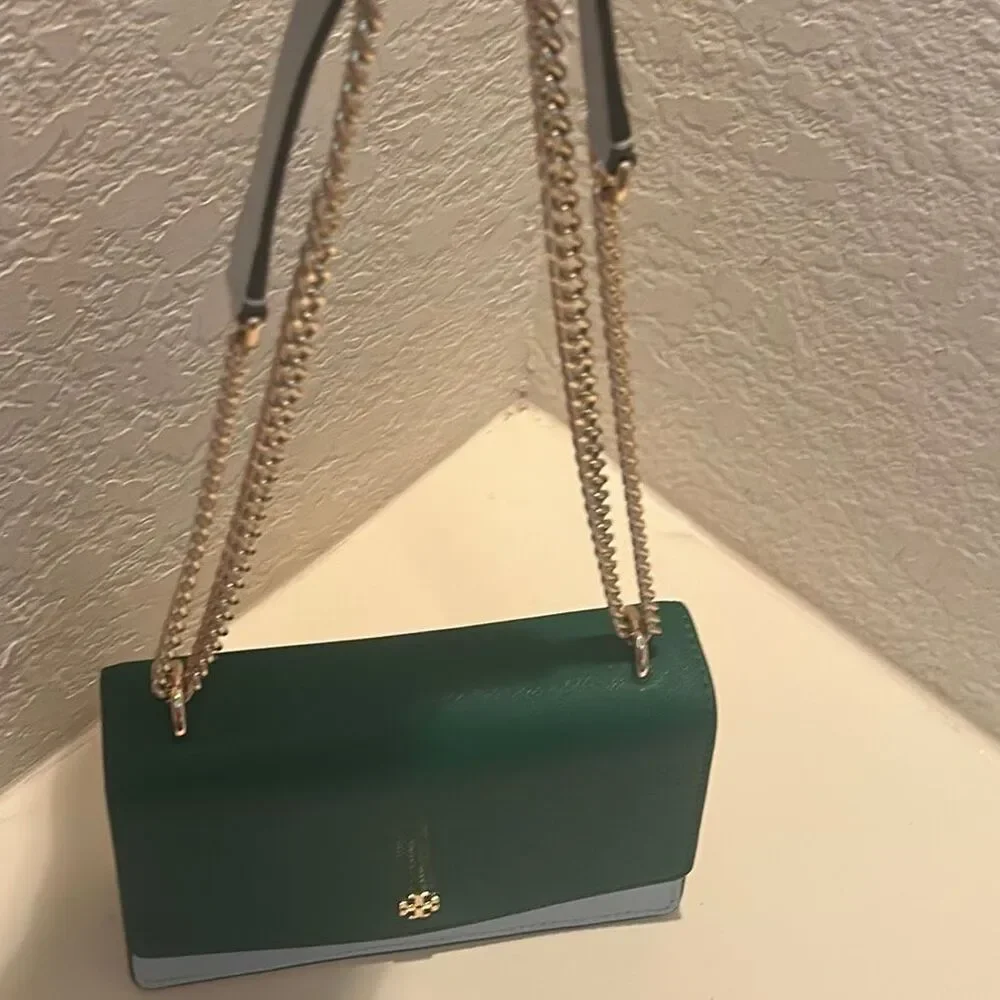 Tory Burch Emerson Colorblock Mini Shoulder Bag Green Light Blue Coastal NWT